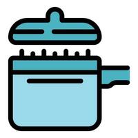 Steaming pot releasing vapor with lid slightly open vector