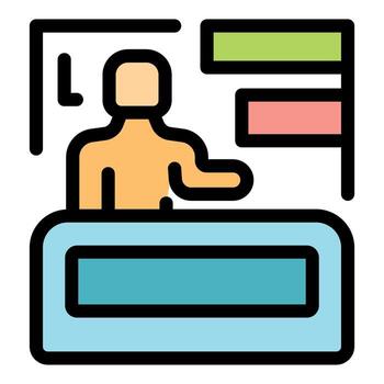 empresario dando presentación utilizando cartas y interactivo pizarron vector