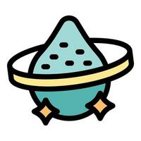 Turquoise planet with ring and stars orbiting in space vector