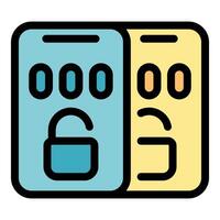 Two factor authentication protecting smartphone access with open padlock and password vector