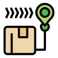 Package moving to destination point with location pin showing progress vector
