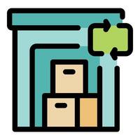 Warehouse storing boxes with return policy indicated by recycling symbol vector
