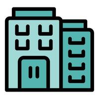 Modern office building with teal facade and double door entrance vector
