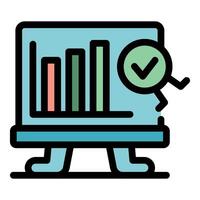 Checkmark character jumping next to a monitor showing a growing bar chart vector