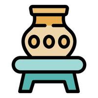 Clay pot standing on a small wooden table, representing pottery and craftsmanship vector