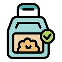 Pet food package with check mark, ensuring quality and nutrition for pets vector
