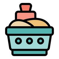 Laundry basket filled with folded clothes and fabric softener icon vector