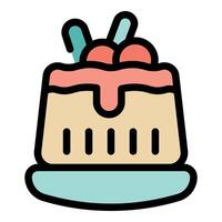 Delicious pudding with cherries and cream topping on a plate vector