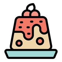 Delicious pudding with cherry sauce and topping on a plate vector