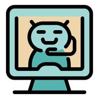 Smiling robot waving on computer screen, online communication and artificial intelligence vector