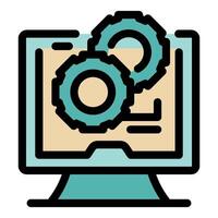 Computer processing data with rotating gears, symbolizing working process vector