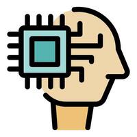 Artificial intelligence is represented by a human head with an implanted electronic chip vector