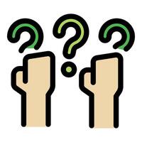 Hands raising with question marks, asking questions and seeking answers vector