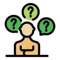 Person thinking and questioning with question marks surrounding head vector