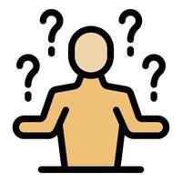 Person shrugging shoulders raising hands surrounded by question marks, expressing confusion and uncertainty vector