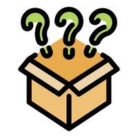 Open cardboard box with three question marks emerging, representing mystery and uncertainty vector