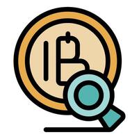 Magnifying glass investigating cryptocurrency coin, blockchain analysis and investment research vector