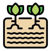 Two seedlings growing in square of fertile soil with water below vector