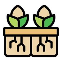 Seedlings growing in pots with visible roots and wooden support vector