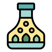 Laboratory flask containing yellow liquid, green leaves, and orange circles, experimentation and scientific discovery vector