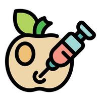Syringe injecting substance into apple representing gmo food production vector
