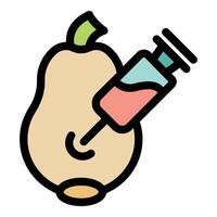Syringe injecting chemical substance into pear, genetically modified food concept vector