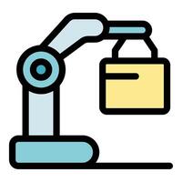 Robotic arm lifting parcel in automated warehouse logistics vector