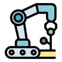 Robotic arm picking plant illustrating smart agriculture and automation vector