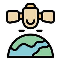 Smiling satellite orbiting planet earth, space exploration and technology vector