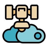 Satellite transmitting data to cloud servers, space technology icon vector