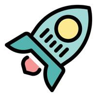 Rocket launch taking off, leaving fire trail, simple icon design vector
