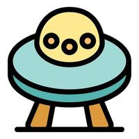 Alien spaceship hovering with three portholes and landing legs extended vector
