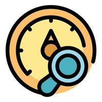Magnifying glass investigating clock speedometer performance vector