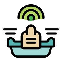 Finger pressing button generating green signal over container with liquid, remote control concept vector
