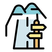 Hiking trail sign showing different paths near snowy mountain peak vector