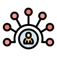 Network connecting to central hub with person icon, expanding connections and data flow vector