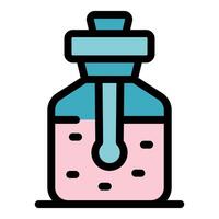 Chemical liquid reagent in a bottle being stirred with a glass rod, laboratory glassware for science experiment vector