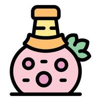 Pink potion bottle with cork and leaf, magic and fantasy concept vector