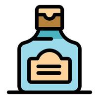 Closed light blue bottle with brown cap and label standing on surface vector
