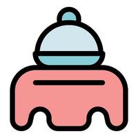 Covered food tray resting on serving table, restaurant service icon vector