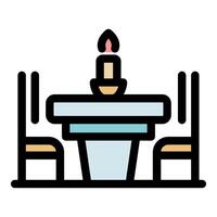 Romantic dinner table setup with burning candle and two chairs vector