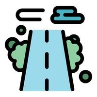 Straight road leading into distance with bushes and clouds, simple icon vector