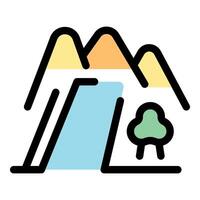 Waterfall cascading from colorful mountains with a single tree in a minimalist landscape vector
