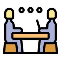 Two business people discussing at desk with laptop, collaborative teamwork in office environment vector