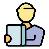 Engineer holding tablet and managing project progress vector