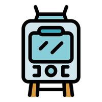 Modern tram running on railway, public transport icon vector