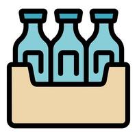 Cardboard box holding three glass bottles with blue screw caps vector