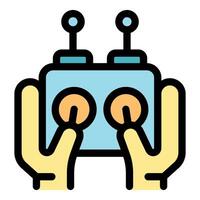 Hands holding wireless remote control with thumbs on joysticks vector