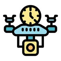 Drone showing scheduled delivery time with clock icon and camera vector