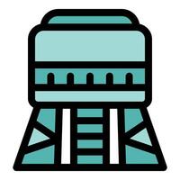 Space elevator transporting cargo to orbiting space station vector